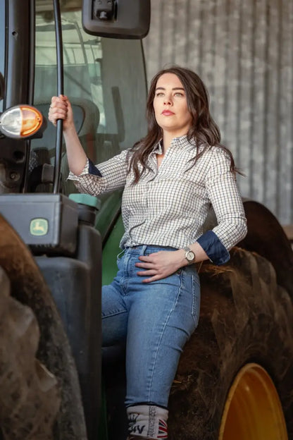 Woman wearing New Forest Ladies Premium Tattersall Shirt in jeans and checkered style