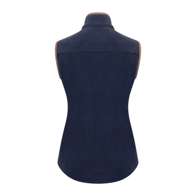 Navy blue sleeveless New Forest ladies shooters fleece gilet with tan leather trim