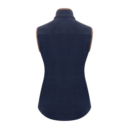 Navy blue sleeveless New Forest ladies shooters fleece gilet with tan leather trim
