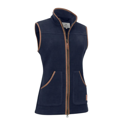 Navy blue New Forest ladies shooters fleece gilet with brown leather trim