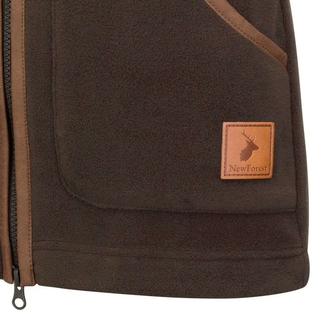 Brown New Forest Ladies Shooters fleece gilet with tan leather trim and deer-head patch