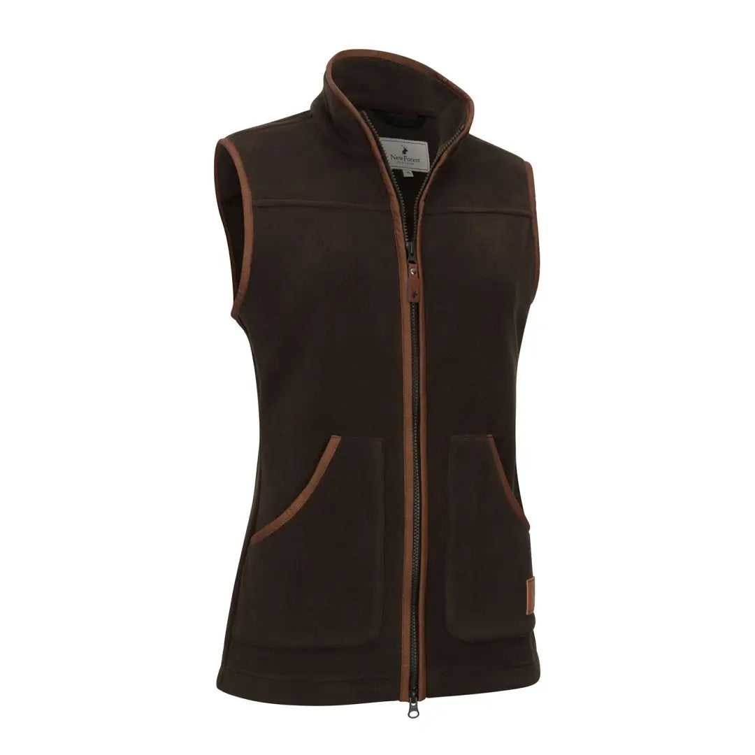 New Forest Ladies Shooters Gilet in dark brown fleece with tan leather trim