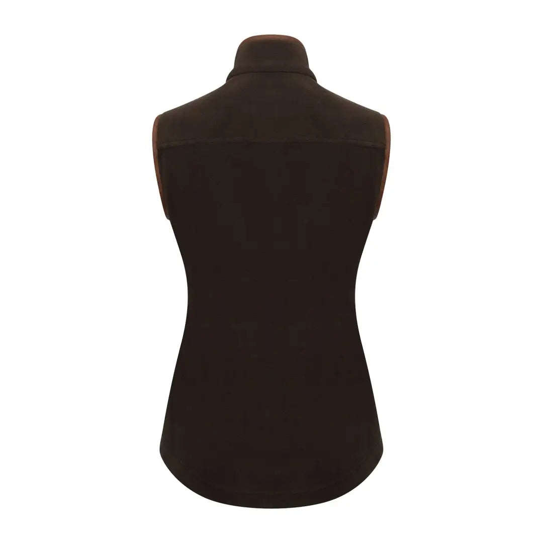 New Forest Ladies Shooters Gilet: black sleeveless vest with brown leather trim