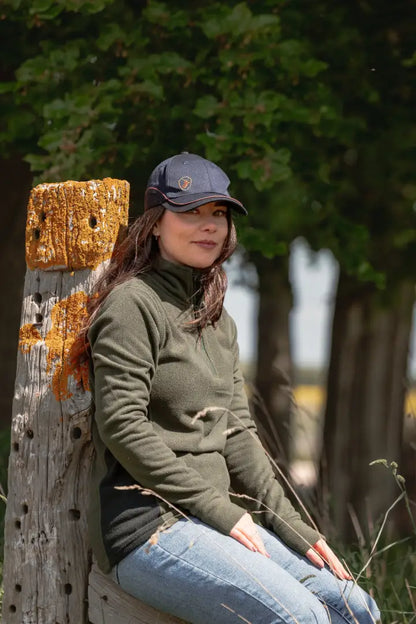 Woman in outdoor clothing wearing New Forest Ladies Trail Fleece on forest trail