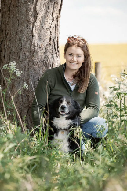 Woman with a Border Collie on forest trail wearing New Forest Ladies Trail Fleece