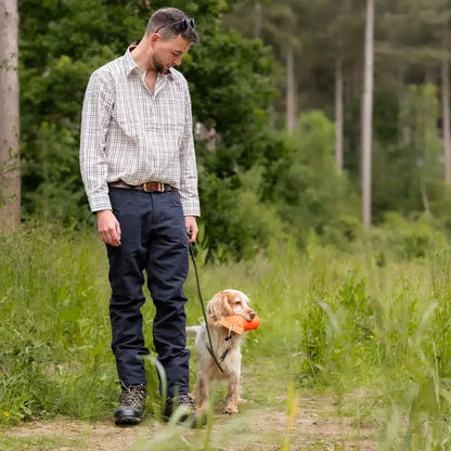 Man walking dog in New Forest Moleskin Jeans, comfy forest moleskin style