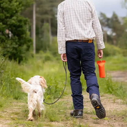 Person walking dog wearing New Forest Moleskin Jeans in forest moleskin style