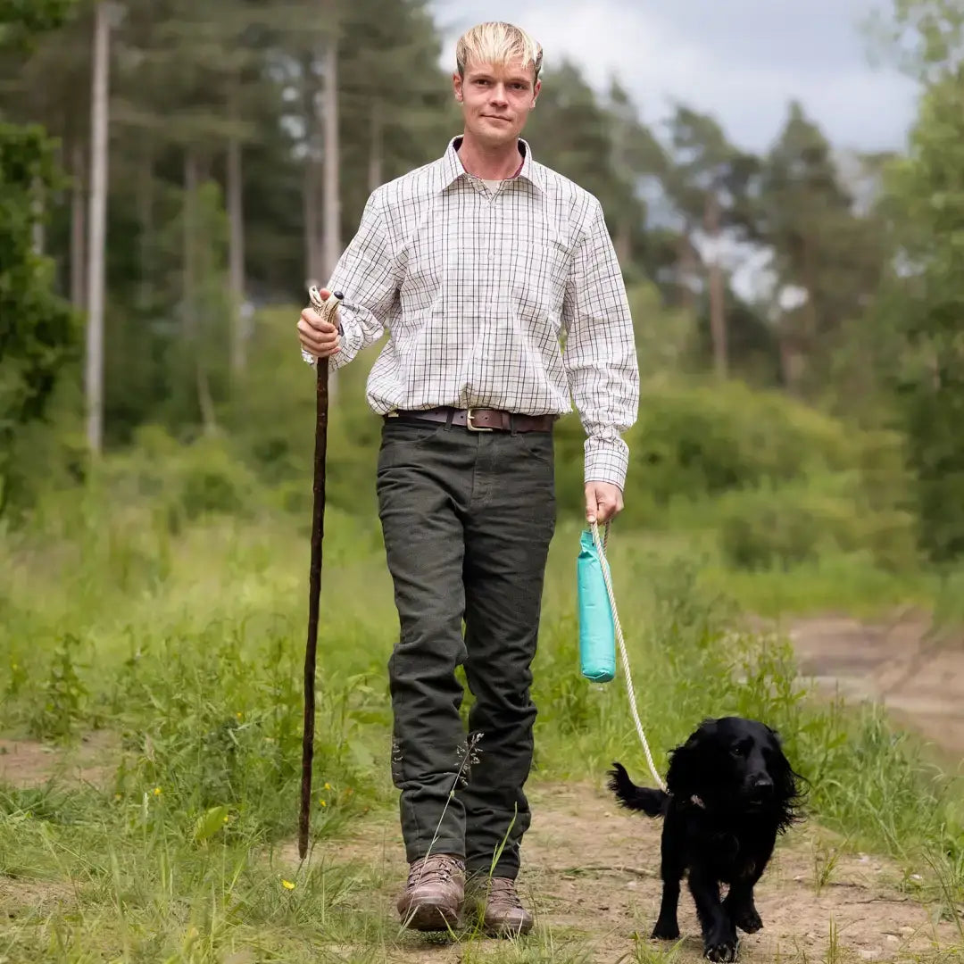 Man walking dog in new Forest Moleskin Jeans, comfy forest moleskin jeans style