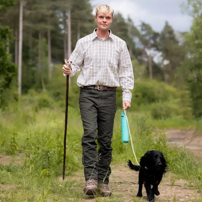 Man walking dog in new Forest Moleskin Jeans, comfy forest moleskin jeans style