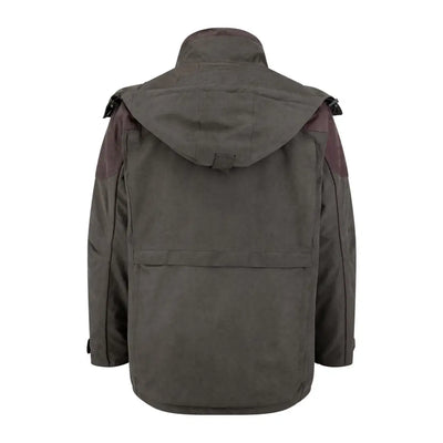Olive green New Forest Performance Field Coat with a high collar and hood for outdoor adventures