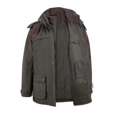 Dark green New Forest Performance Field Coat with pockets and hood for winter adventures