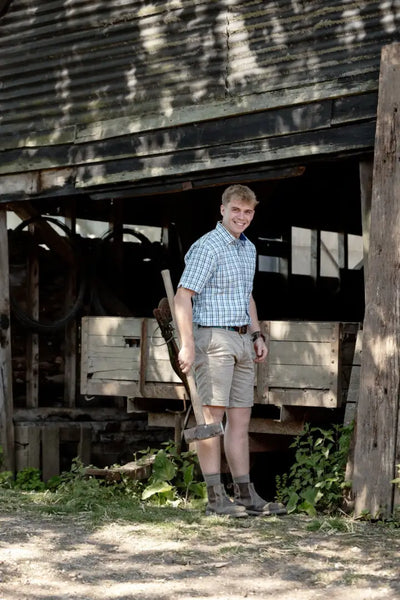 Smiling man wearing New Forest Premium 100% Cotton Short Sleeve Shirt outdoors