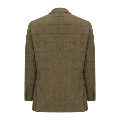Olive green tweed blazer with windowpane check and two lower hand pockets