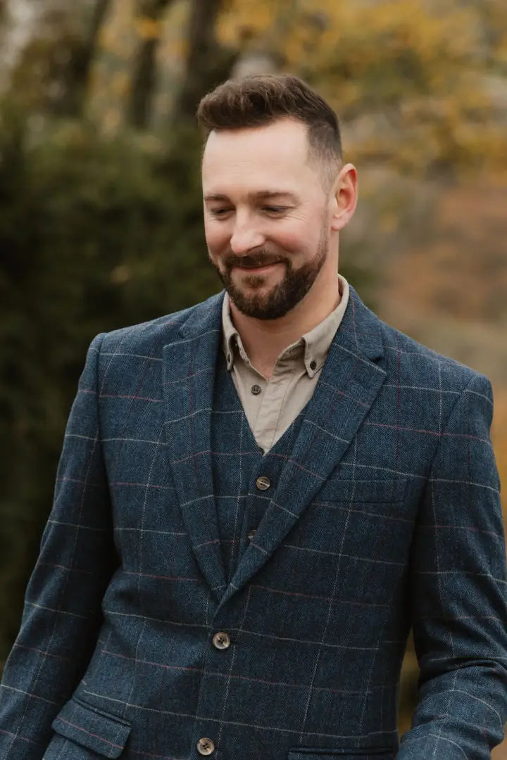 Man in a blue plaid suit showcasing New Forest Premium 100% Wool Tweed Waistcoat