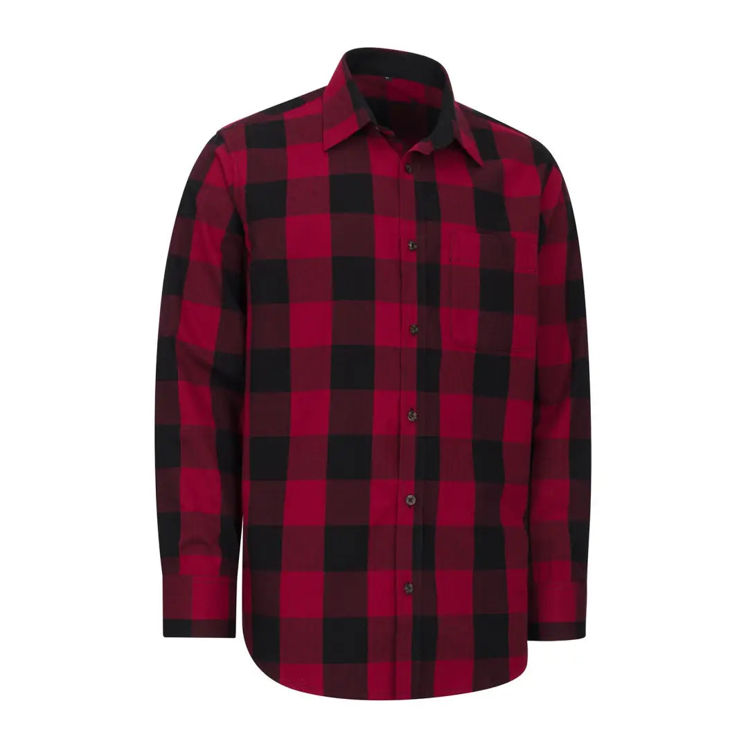 Red and black plaid premium tattersall shirt with long sleeves and classic collar