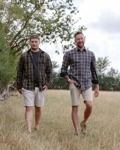 Two men wearing New Forest Premium Tattersall Shirt casual shirts with single chest pockets and top-grade cotton