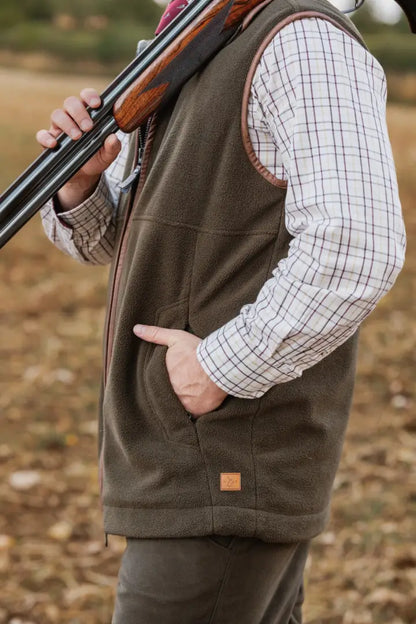 Men’s olive green fleece vest with brown trim from Forest Premium Tattersall Shirt collection
