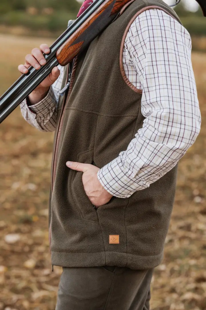 Men’s olive green fleece vest with brown trim from Forest Premium Tattersall Shirt collection
