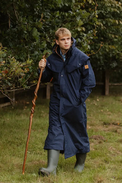 Full-length navy raincoat with hood for men, perfect for the New Forest Ranger Men’s collection