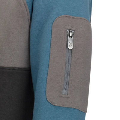 Blue and gray fleece sleeve with zippered pocket on the New Forest Raptor Hoodie