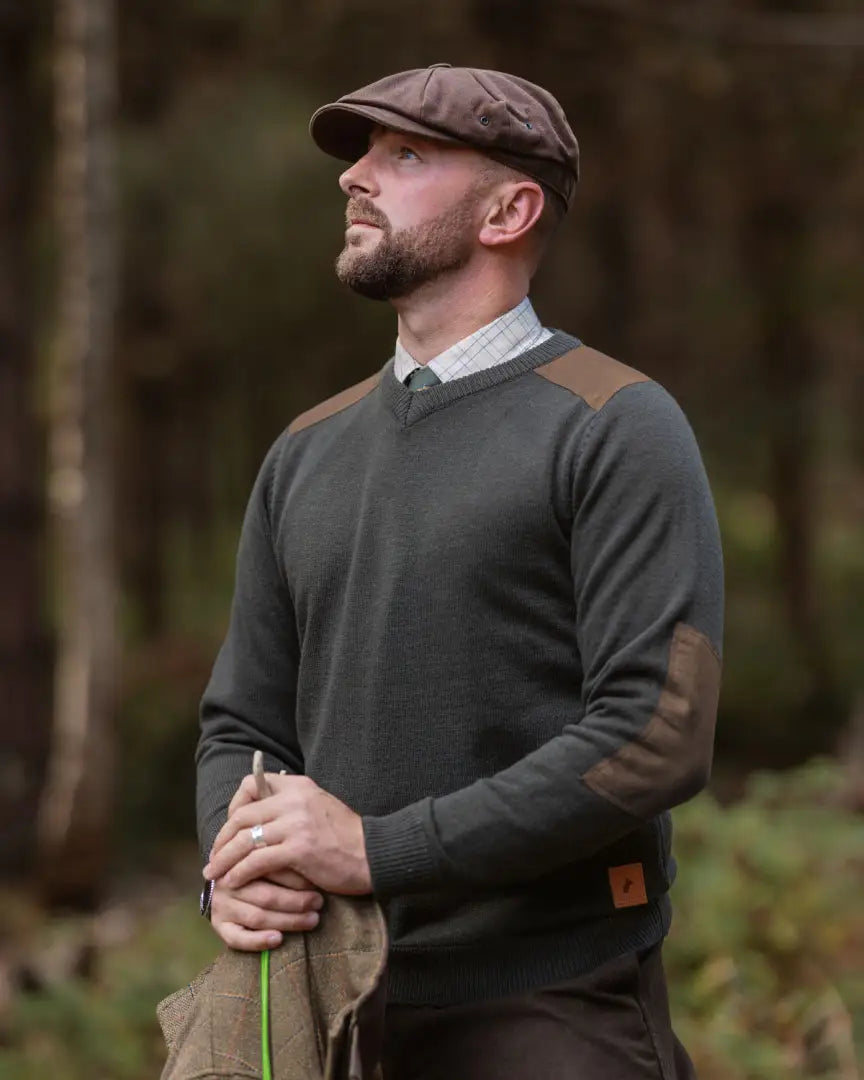 Men’s dark green Forest Raven V Neck Jumper with brown shoulder and elbow patches