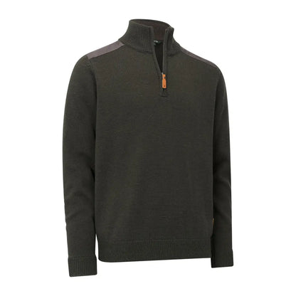Men’s dark green Forest Raven Zip Neck Jumper with brown shoulder patches