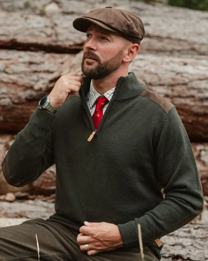 Men’s dark green forest raven zip neck jumper with shoulder and elbow patches