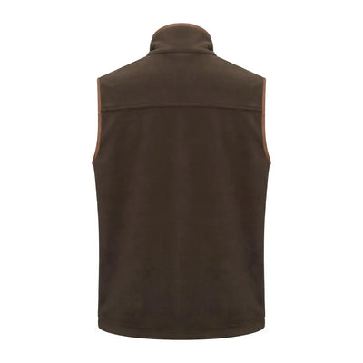 Brown fleece gilet with tan leather trim for hunting outdoors