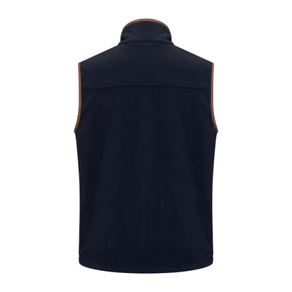 Navy blue New Forest Shooters Fleece Gilet with tan leather trim