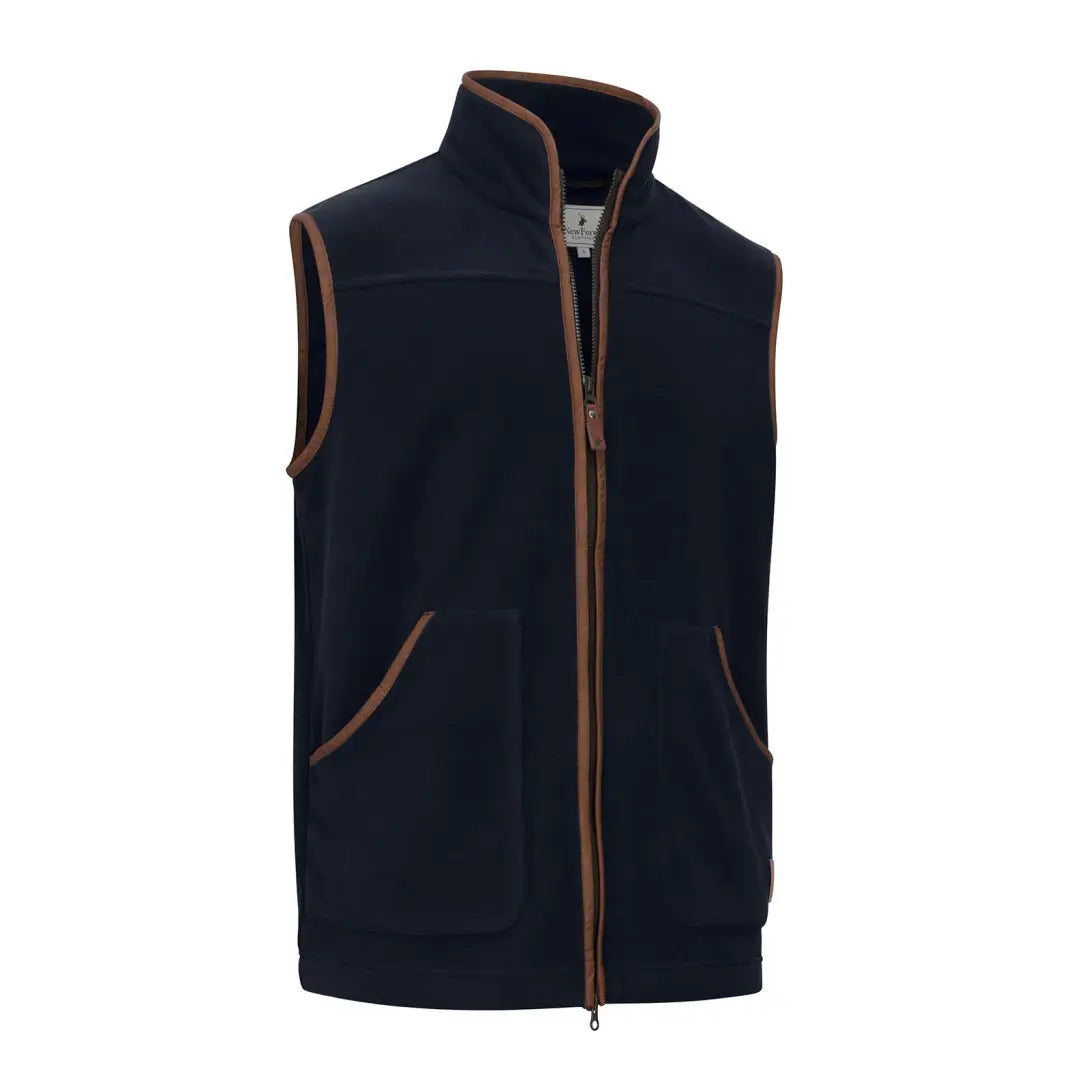 Navy blue shooters gilet with brown leather trim and pockets for country clothing hunting