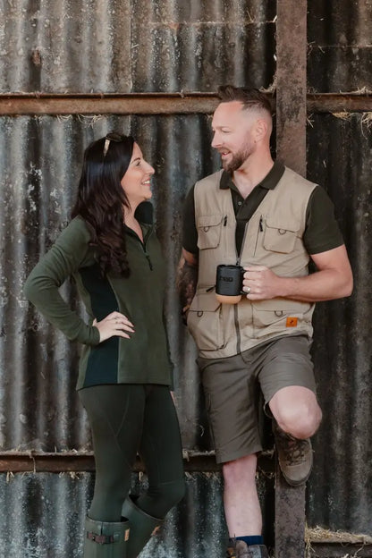 Couple wearing New Forest Trail Shorts in outdoor forest trail setting
