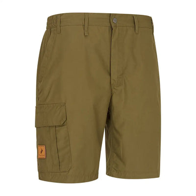 Olive green New Forest Trail Shorts with pockets and a leather patch for outdoor adventures