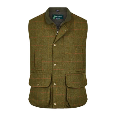 Green tweed gilet with pockets and brass snaps, perfect for country clothing and hunting