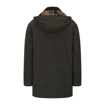 Dark green Forest Woodsman Wax Jacket with plaid lining, perfect for forest adventures