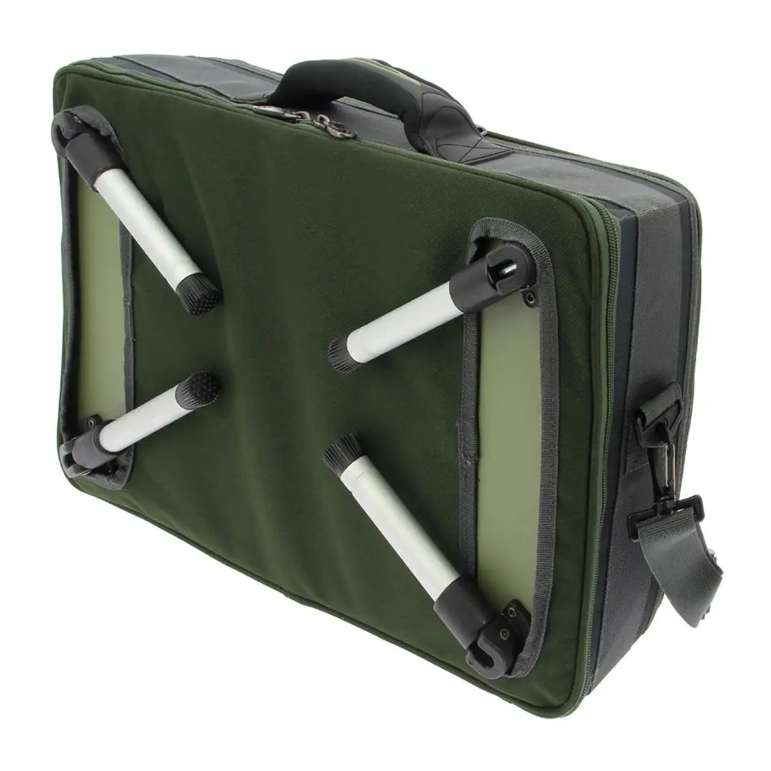 Green and black padded carrying case for NGT Carp Bivvy Table System with legs