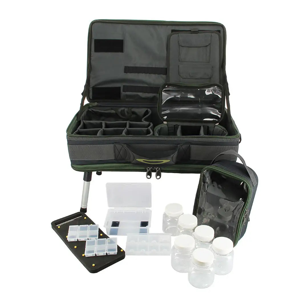 Open NGT Carp Bivvy Table System showing tackle bag and fishing accessories inside