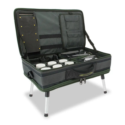 Open NGT Carp Bivvy Table System with legs and tackle box for fishing adventures