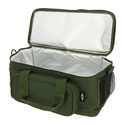 Open green NGT Cooler Bag showcasing its spacious insulated interior and style
