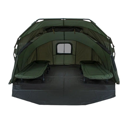 Military-style tent with cots, perfect for outdoors, hunting, and country clothing adventures