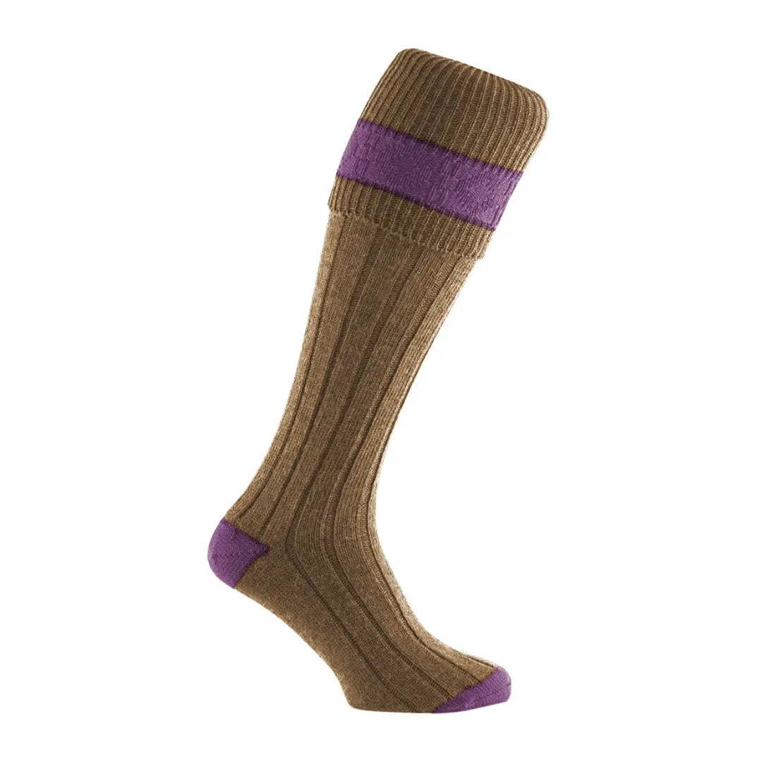 Brown ribbed knee-high sock with purple accents for Pennine Byron Shooting Socks