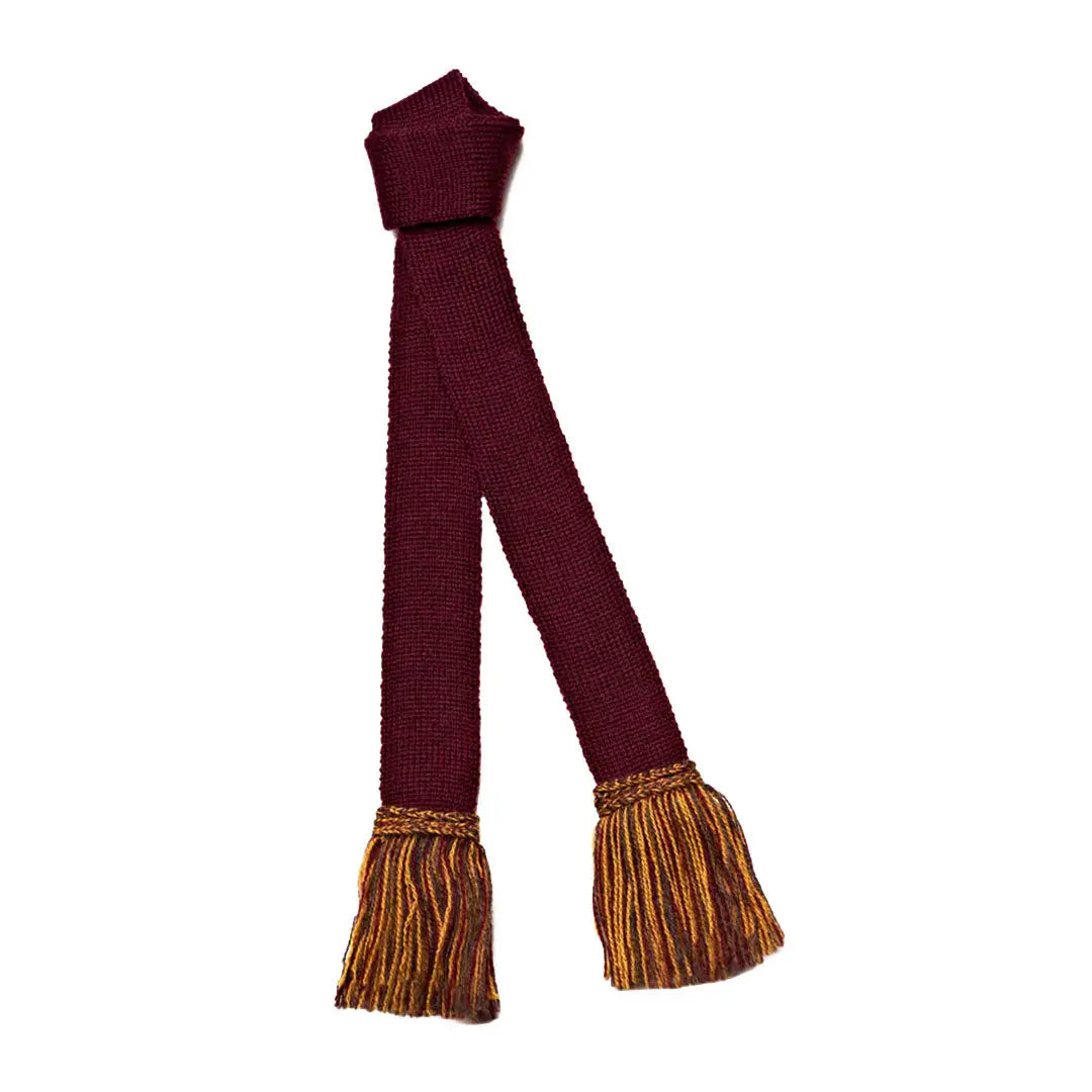 Maroon knitted tie with gold tassels made from Pennine Merino Wool contrast fabric