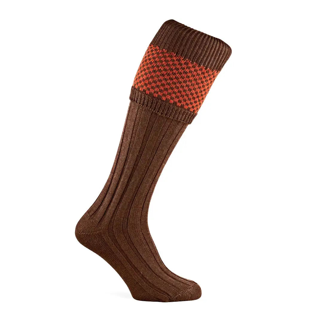 Brown ribbed Penrith Shooting Socks with patterned top for outdoor shooting fun