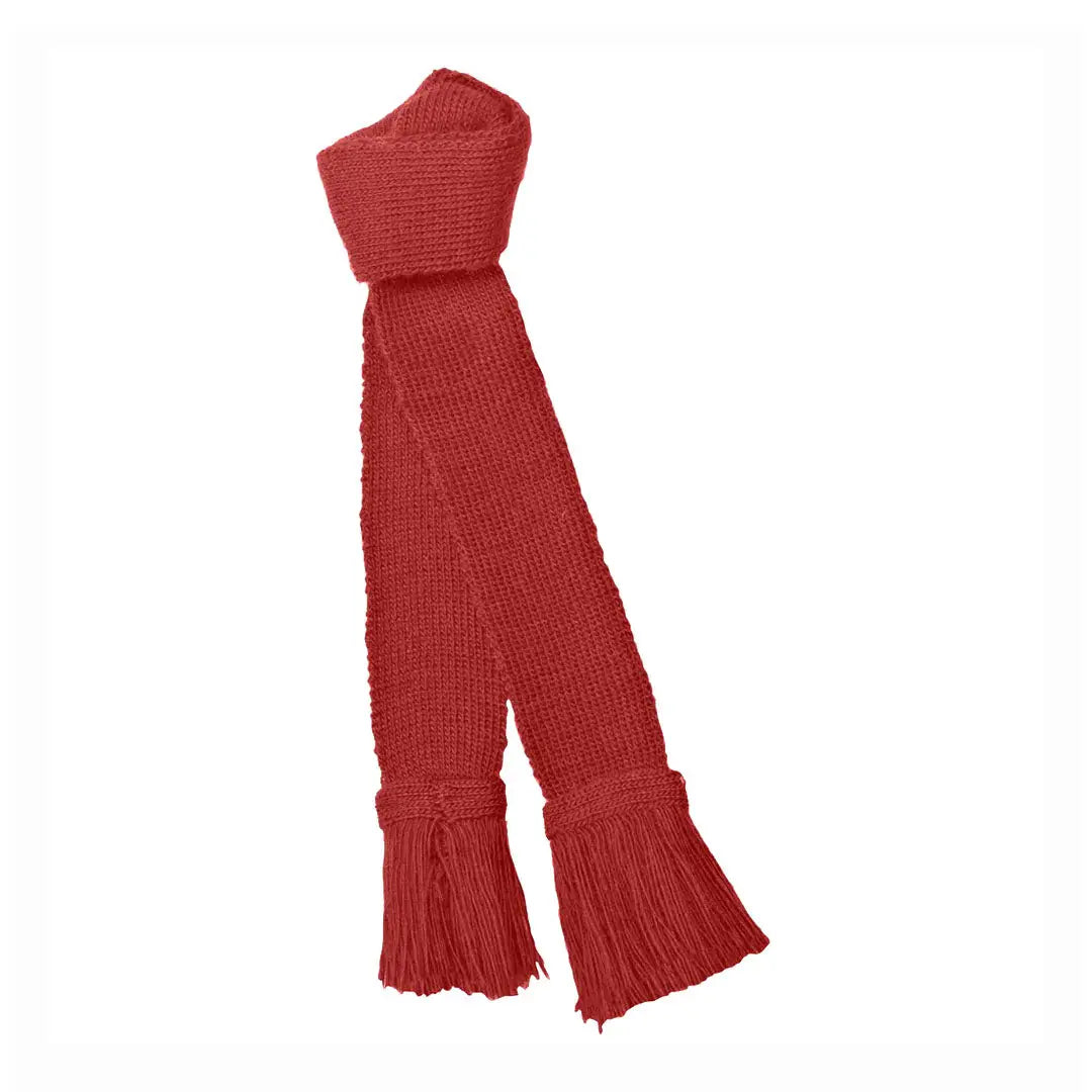 Red knitted scarf with tasseled ends from Pennine Wool Garters, perfect for shooting socks