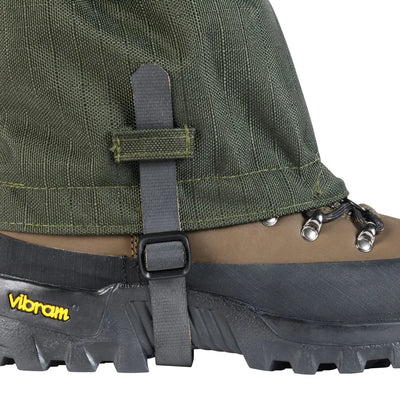 Green Percussion Rip-Stop 1200 Gaiters attached to a hiking boot for outdoor adventures