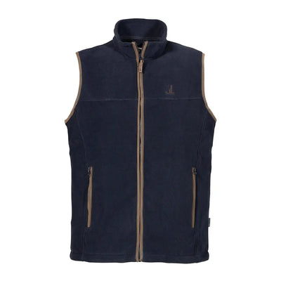 Navy blue Percussion Scotland fleece vest with brown zipper and trim for cozy style