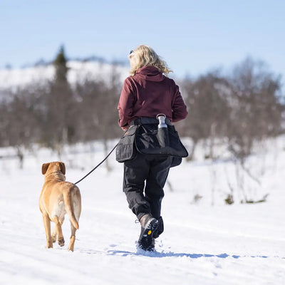 Woman walking her dog in the snow with a Pinewood Dog Sports Utility Belt