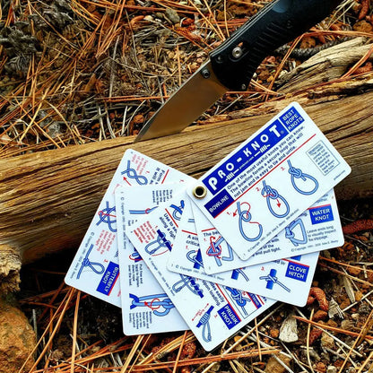 Waterproof knot tying kit with cards showing various rope knots and grommet for easy use