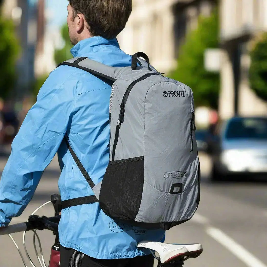 Gray and black Proviz Reflect360 cycling commuting backpack with mesh side pocket