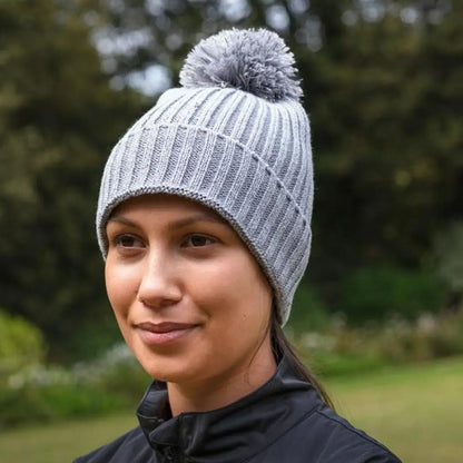 Soft gray ribbed knit bobble beanie with fluffy pom-pom for country clothing hunting