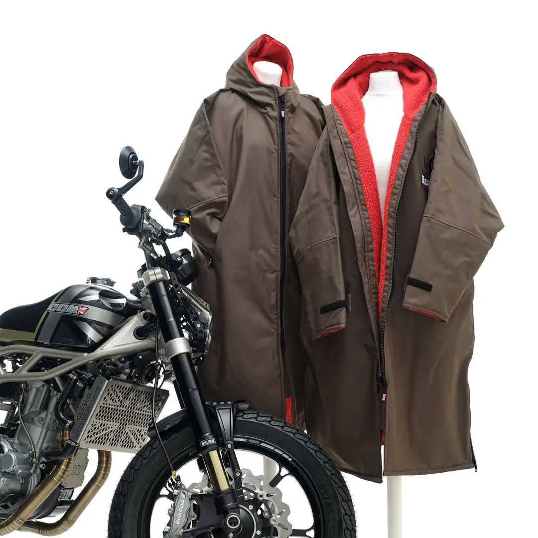Redback Robe country clothing with brown hooded coats and grey motorcycle for hunting